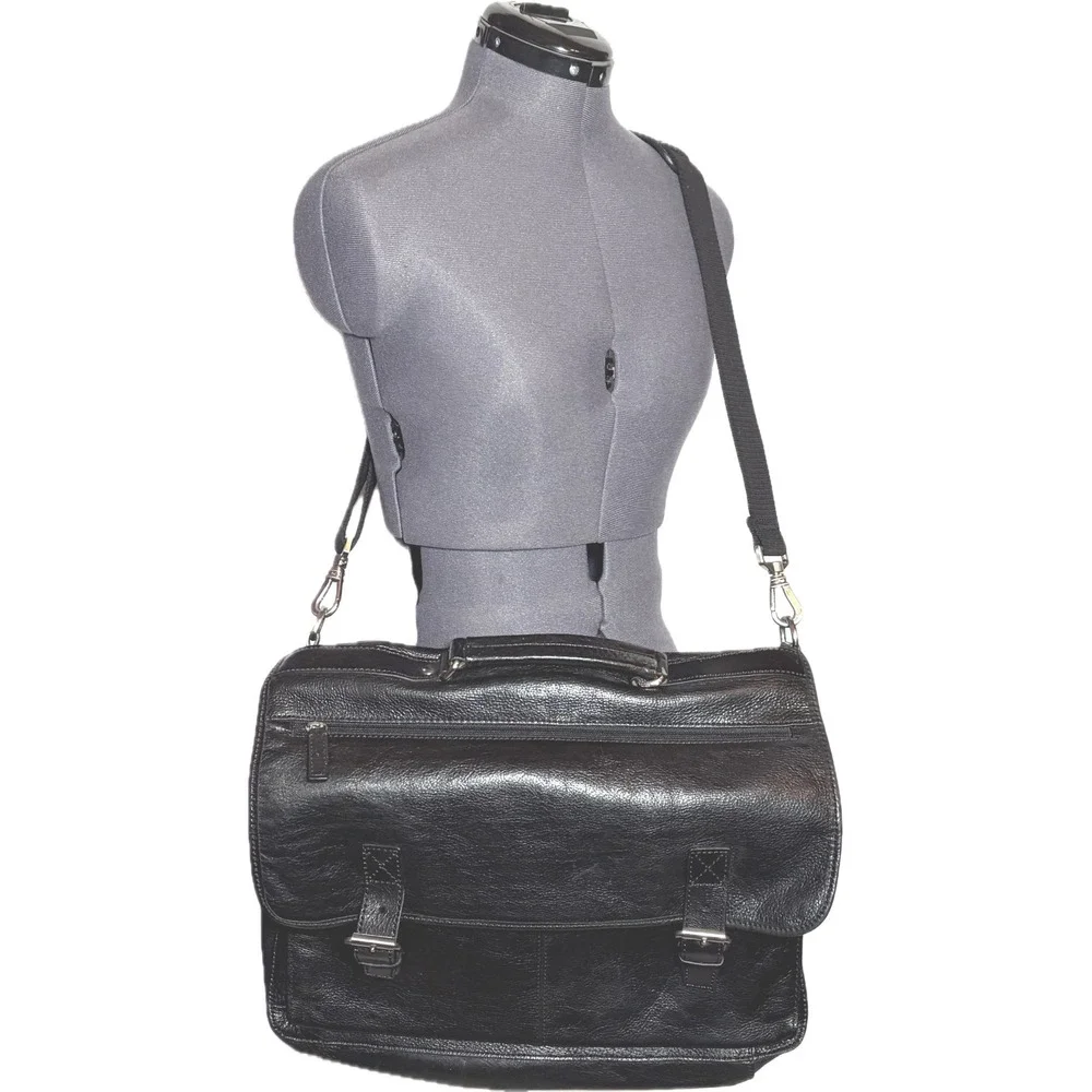Vintage Mens Black Leather Briefcase Messenger Bag Laptop Crossbody Distressed